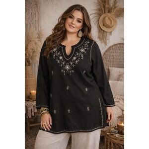 VTG Venezia Womens Top Plus 18 Black Embroidered Boxy Cool Cotton Tunic Boho